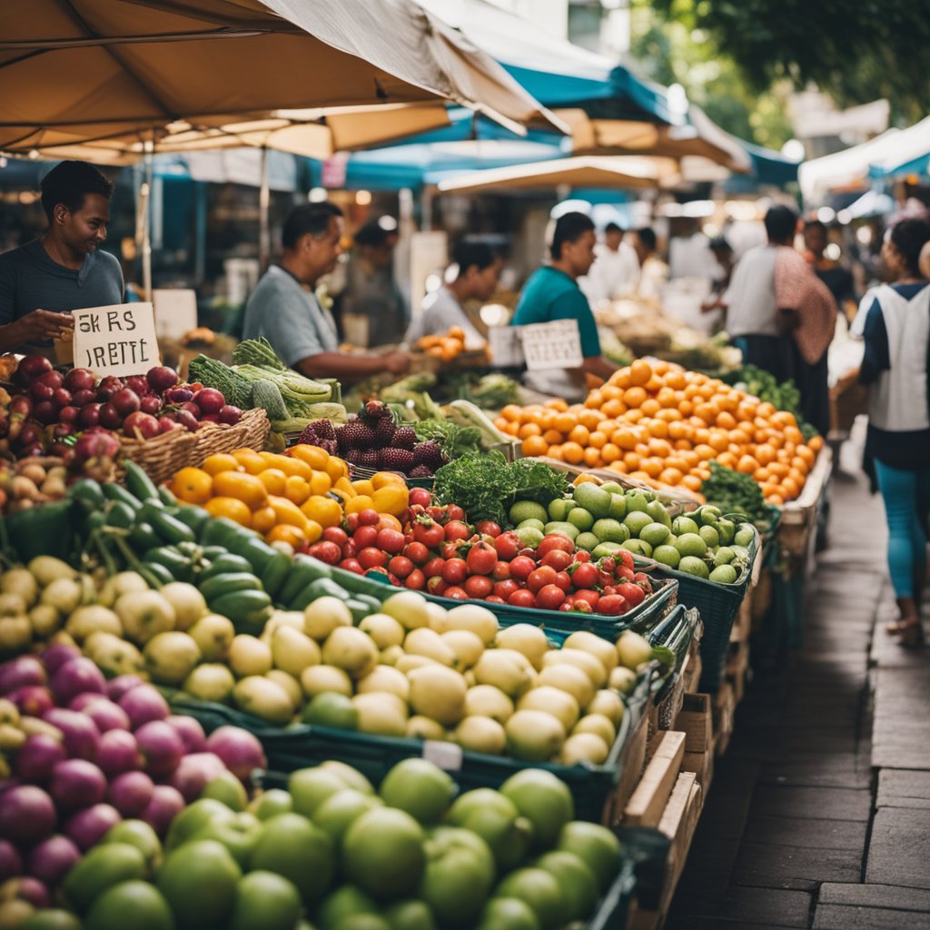 Un marché local animé avec des étals colorés vendant des produits frais, des articles artisanaux et des décorations festives. Les acheteurs flânent et goûtent pendant que les vendeurs exposent leurs marchandises avec flair.