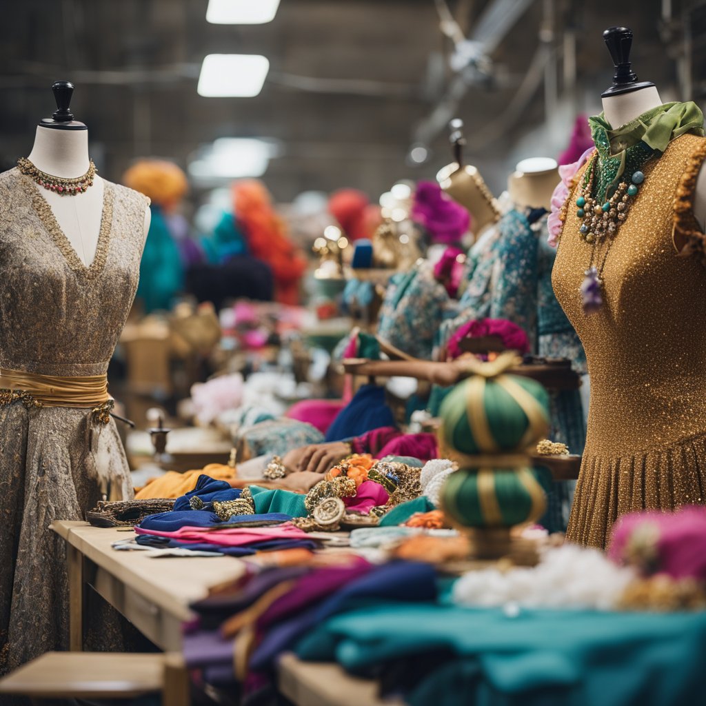 Un atelier de création de costumes animé avec des tissus colorés, des machines à coudre et des décorations festives. Les tables sont remplies de designs de costumes et d'accessoires, tandis que des artistes travaillent sur des détails complexes.