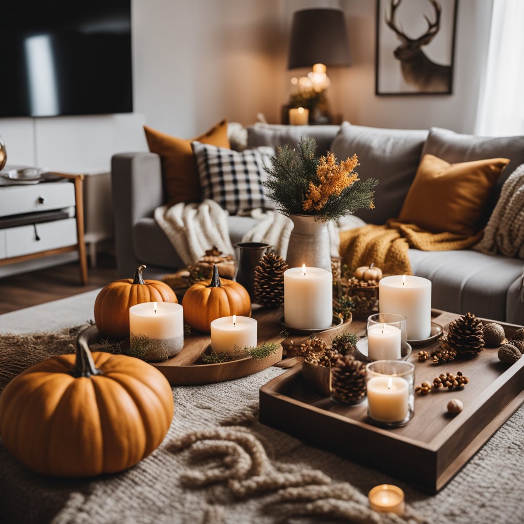 Un salon confortable avec des décorations d'automne, un planificateur de budget et des essentiels de fête élégants disposés sur une table