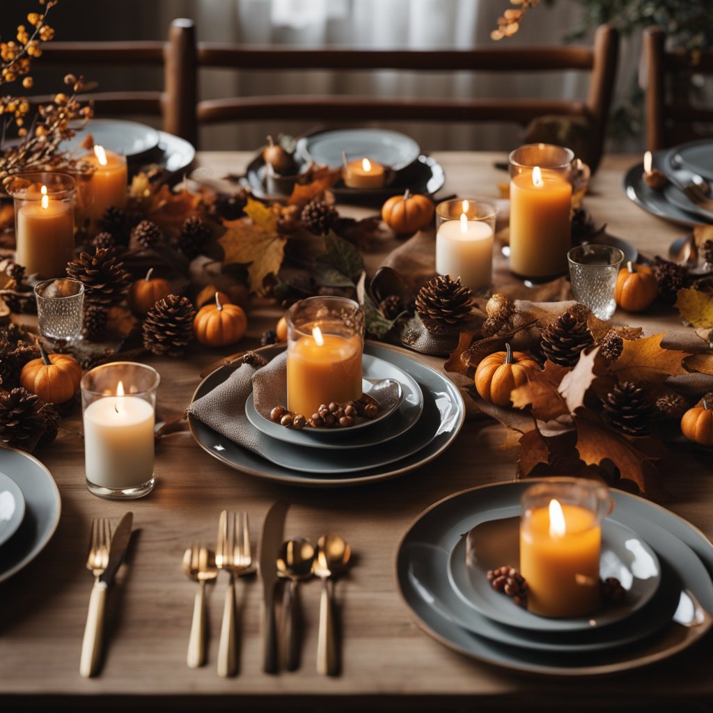 Une table d'automne confortable avec une décoration rustique et économique, agrémentée de touches festives, entourée de feuilles colorées et d'une douce lumière de bougie.