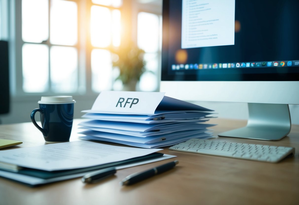 Un bureau avec un ordinateur, un stylo et du papier. Une pile de documents étiquetée "RFP" se trouve à côté d'une tasse de café.