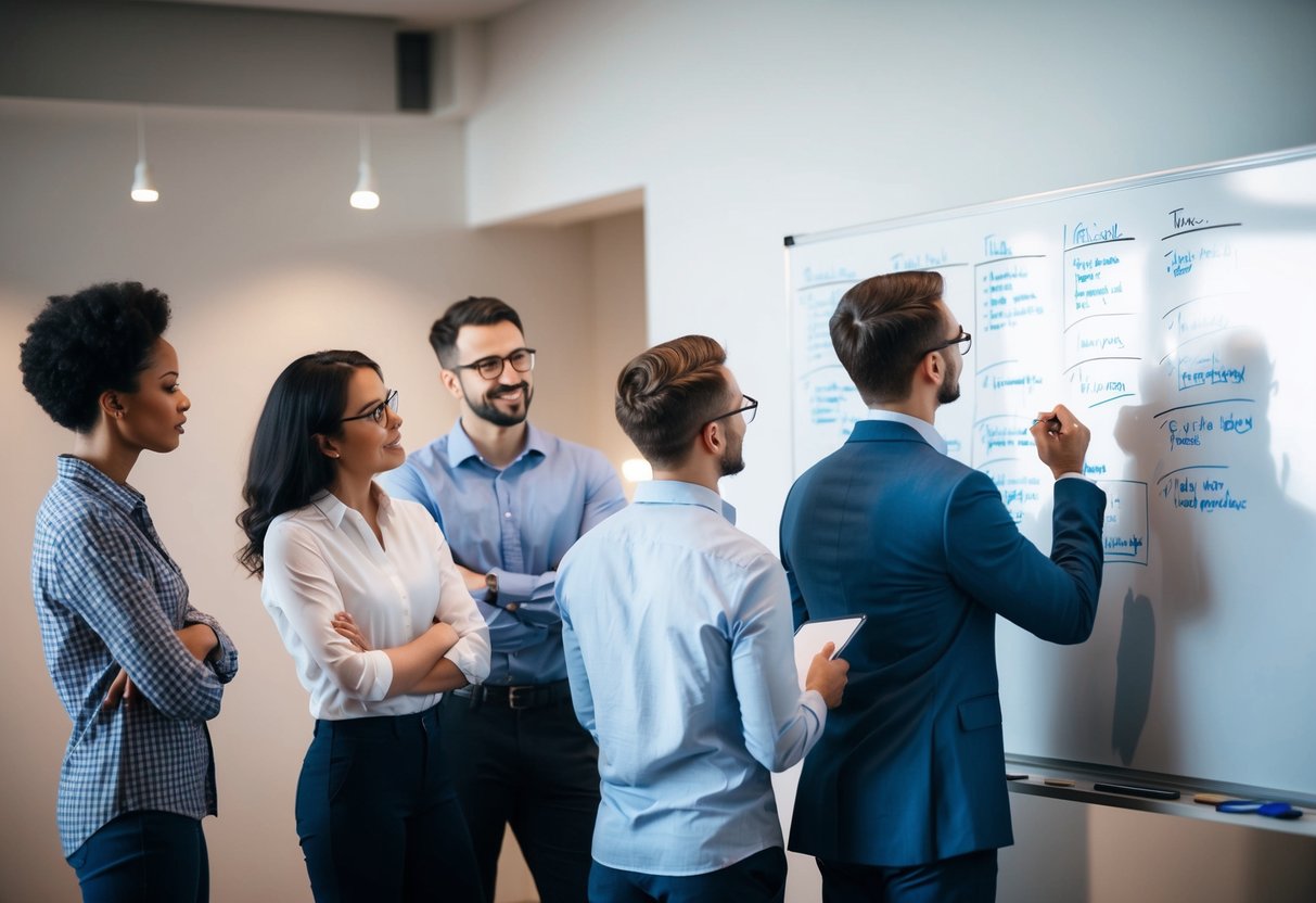 Un groupe de personnes discutant et réfléchissant à des idées, avec une personne prenant des notes sur un tableau blanc.