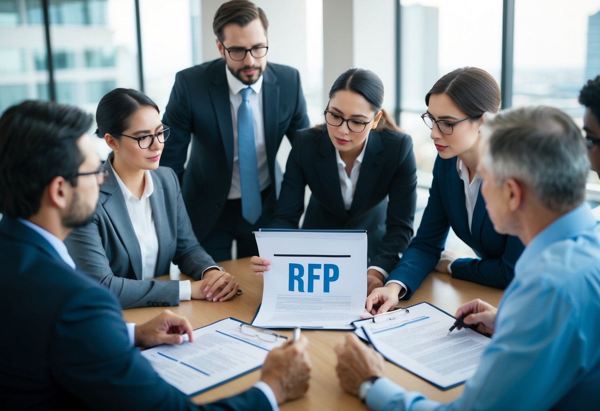 Un groupe de personnes s'est rassemblé autour d'une table, discutant des considérations juridiques et éthiques tout en examinant un document intitulé "RFP (Demande de Proposition)".