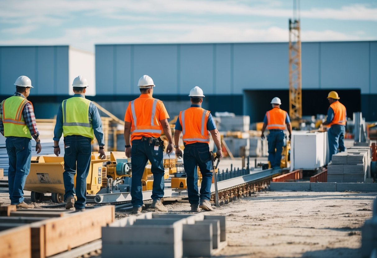 Un chantier avec des ouvriers, des machines et des matériaux en mouvement sous la supervision des chefs de projet