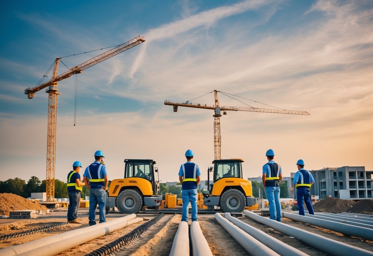 Un chantier avec des ouvriers et des machines, accomplissant des tâches dans les délais sous la supervision de chefs de projet.