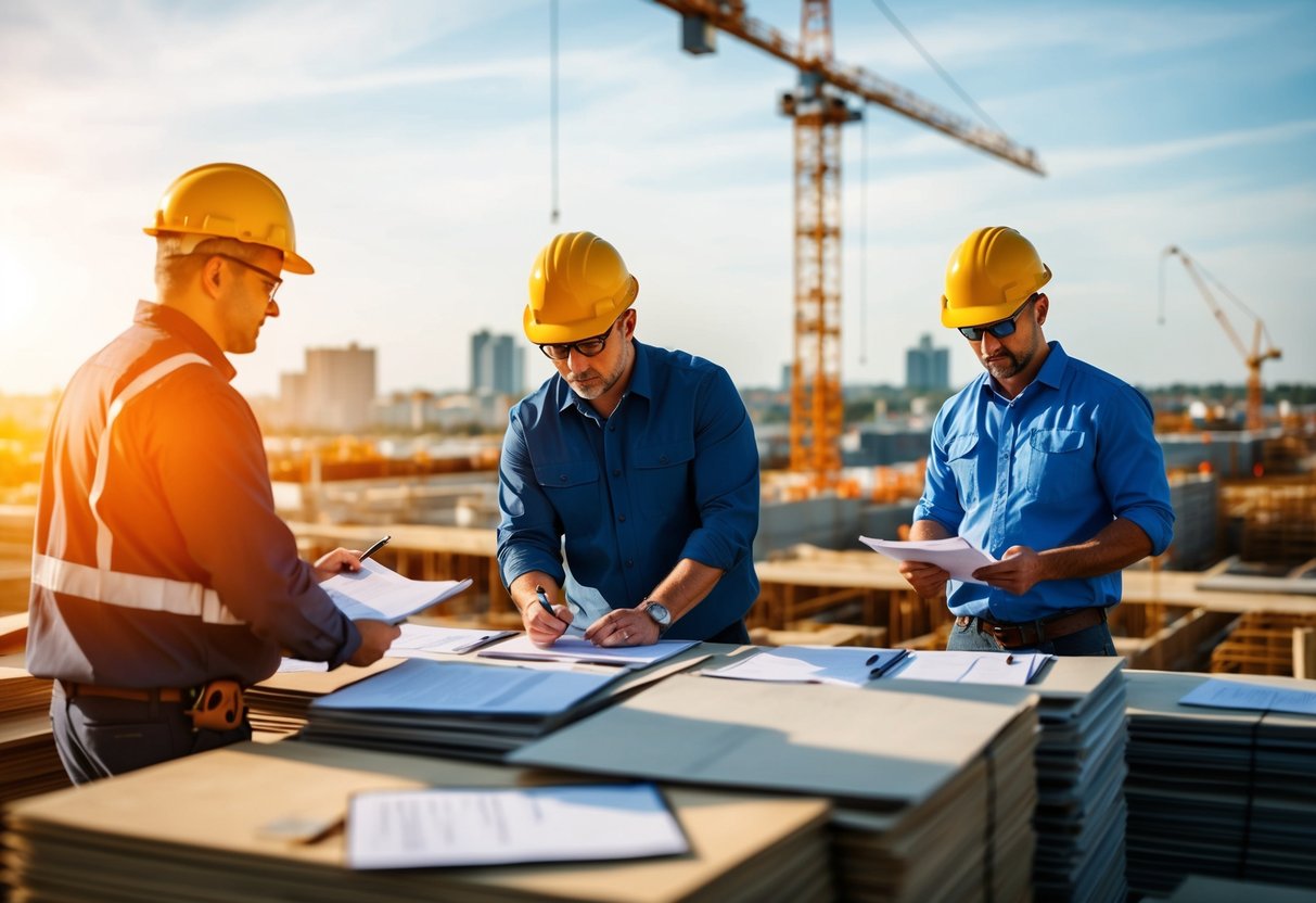 Un chantier de construction animé avec des travailleurs gérant la paperasse et supervisant l'exécution de divers projets de construction.