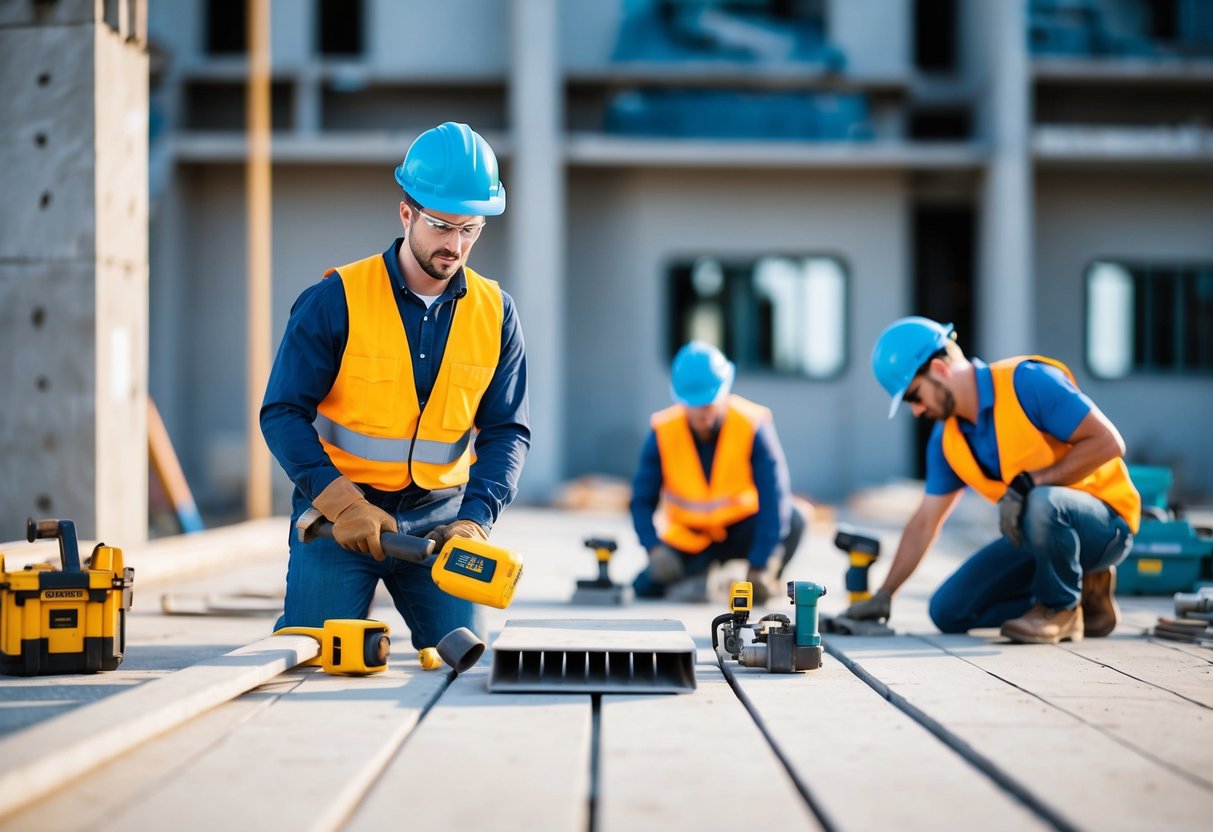 Un chantier avec des ouvriers utilisant divers outils et technologies pour la phase de la Direction de l’Exécution des Travaux