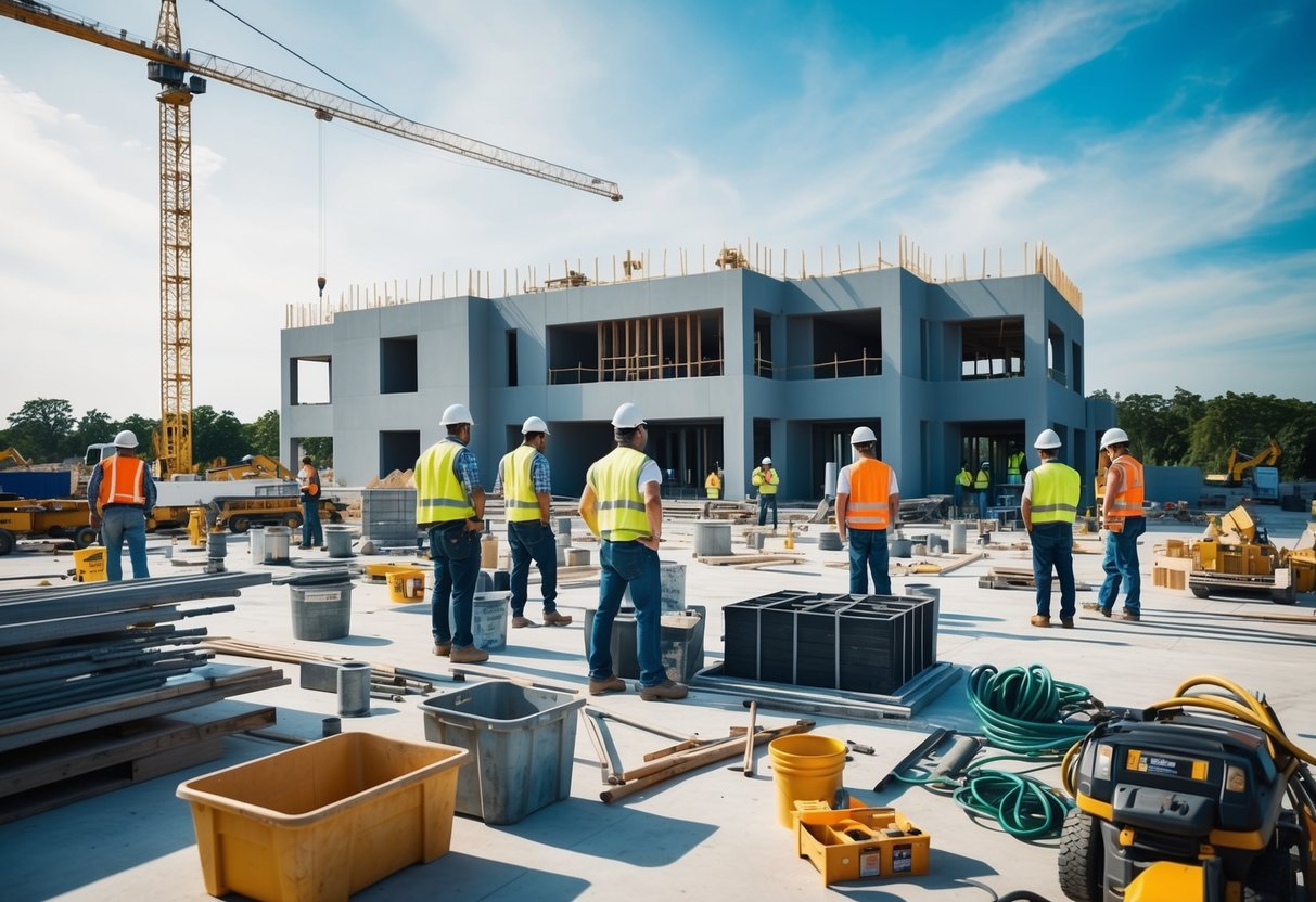 Un chantier de construction avec des travailleurs supervisant l'exécution des plans de construction, de l'équipement et des matériaux éparpillés autour, et le défi de coordonner diverses tâches.