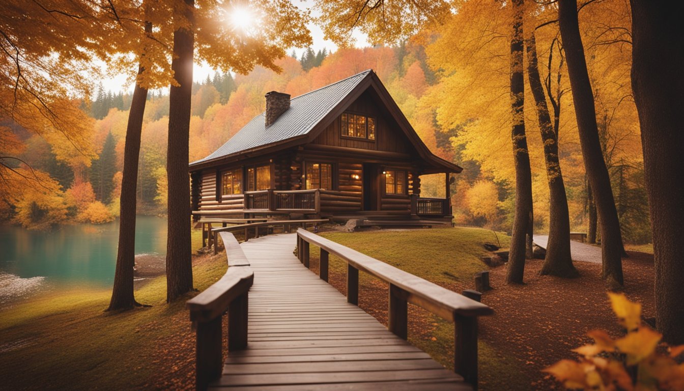 A cozy wooden cabin nestled among vibrant autumn trees, with a winding path leading to a tranquil lake