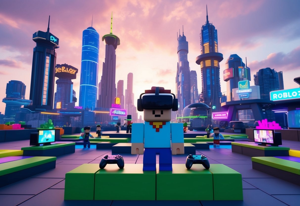 A futuristic cityscape with towering skyscrapers and neon signs, featuring virtual reality headsets and gaming consoles