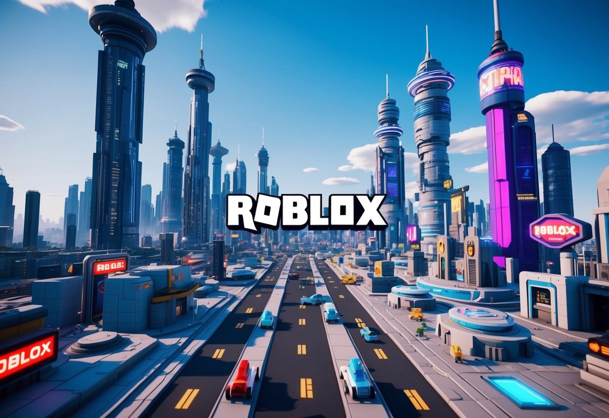 A futuristic cityscape with towering skyscrapers and neon signs, bustling with flying cars and futuristic technology