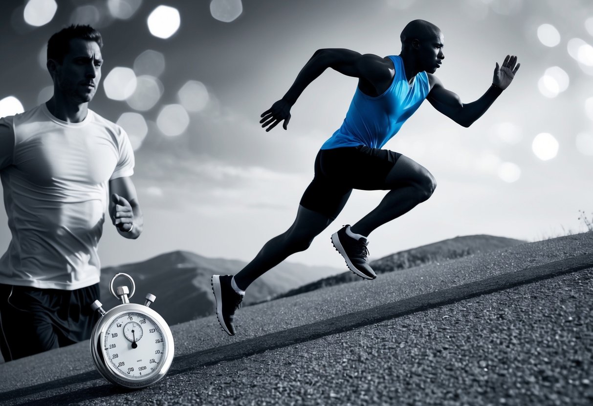 A figure sprinting up a steep hill, with a stopwatch in the foreground and a sweat-drenched shirt in the background