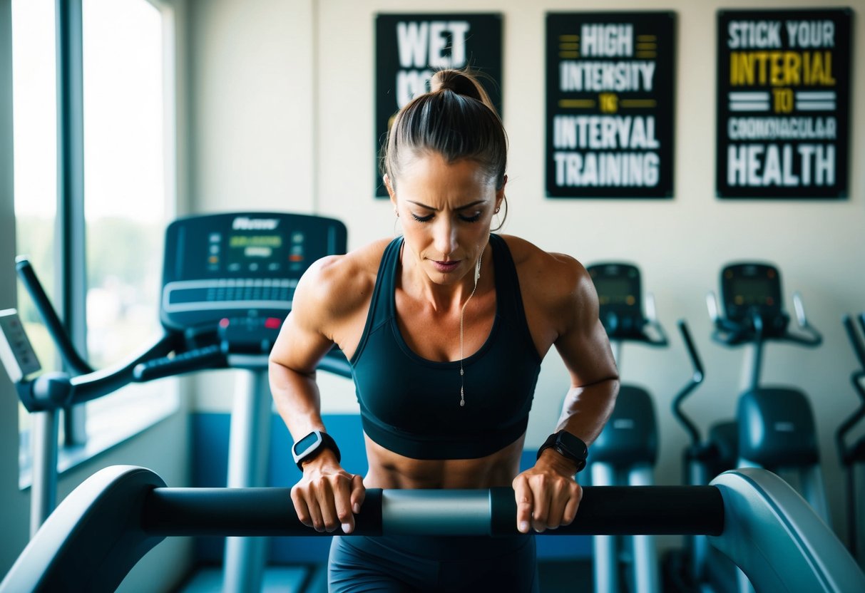 A person doing high intensity interval training on a treadmill, surrounded by gym equipment and motivational posters. Sweat drips down their face as they push themselves to improve cardiovascular health