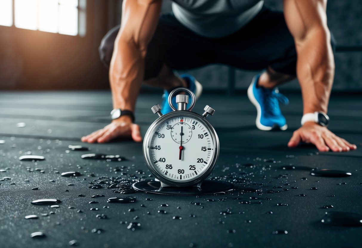 A stopwatch on a gym floor, surrounded by sweat droplets and heavy breathing, as a person completes a high intensity interval training workout