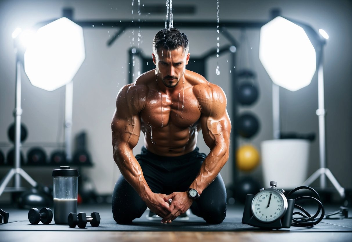 A figure dripping with sweat, muscles defined and glistening under bright studio lights, surrounded by exercise equipment and a stopwatch