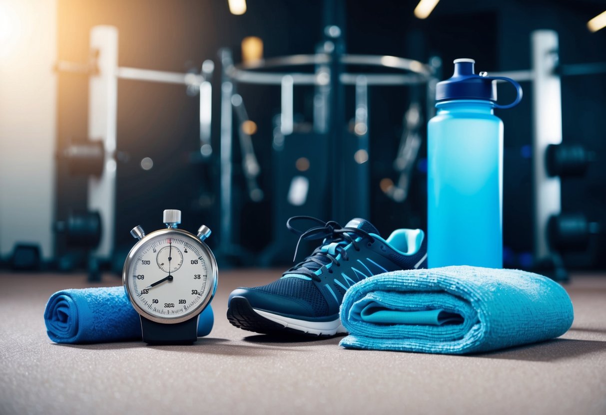 A stopwatch next to a sweat-drenched towel, with a water bottle and a pair of running shoes nearby, all set against a backdrop of a high-intensity workout circuit