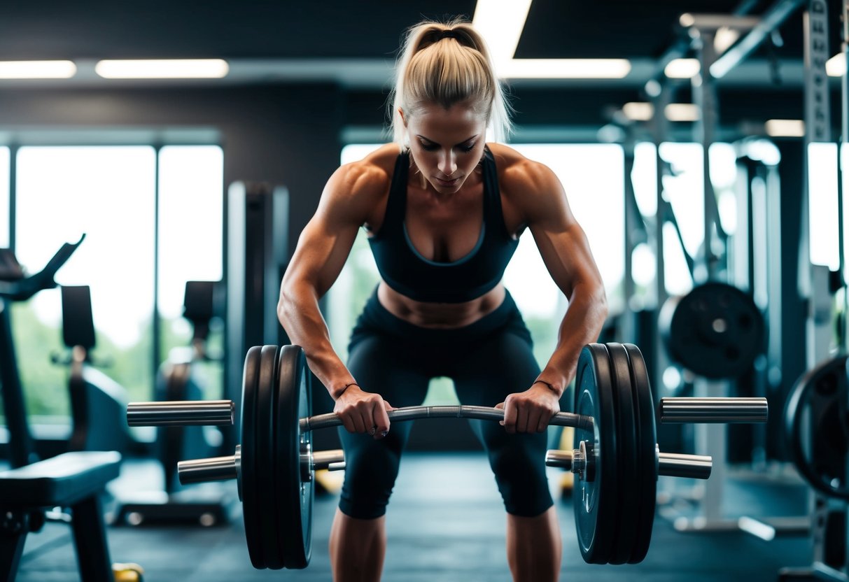 A figure performing high intensity interval training in a gym, surrounded by equipment and sweating profusely