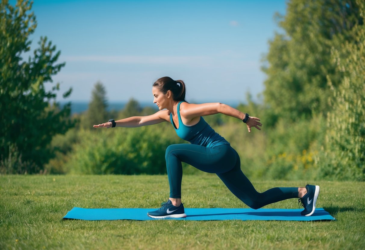 A serene outdoor setting with a person doing high intensity interval training, surrounded by greenery and a clear blue sky