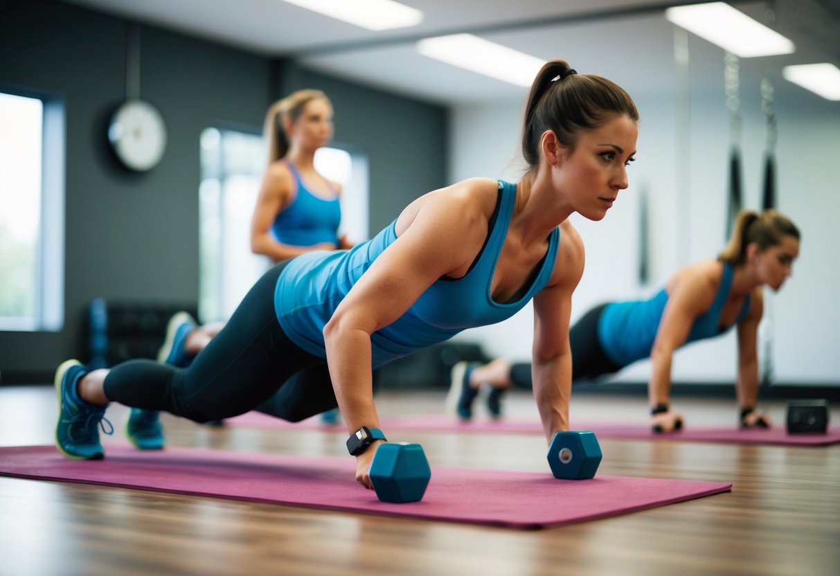 A person is performing high intensity interval training, alternating between intense exercise and rest periods, with a timer visible in the background