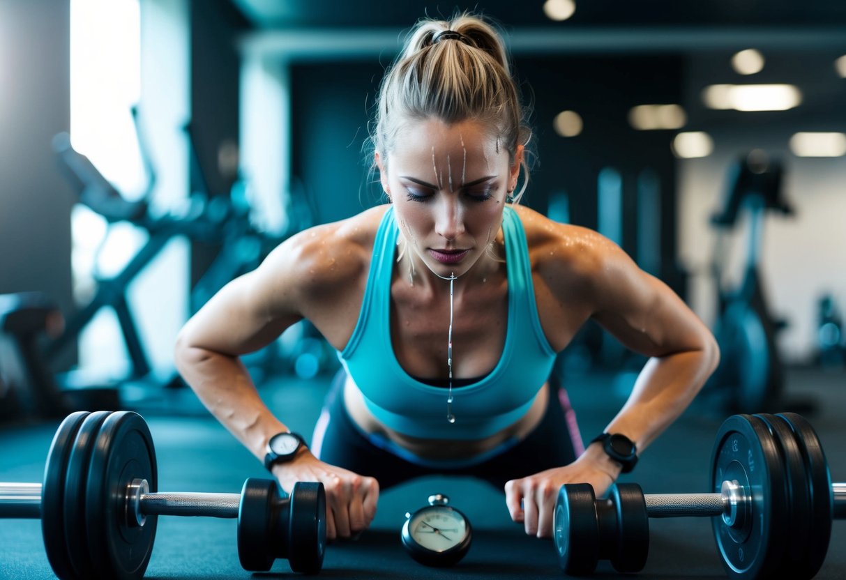 A person performing HIIT exercises in a gym, with sweat dripping down their face, surrounded by equipment and a stopwatch