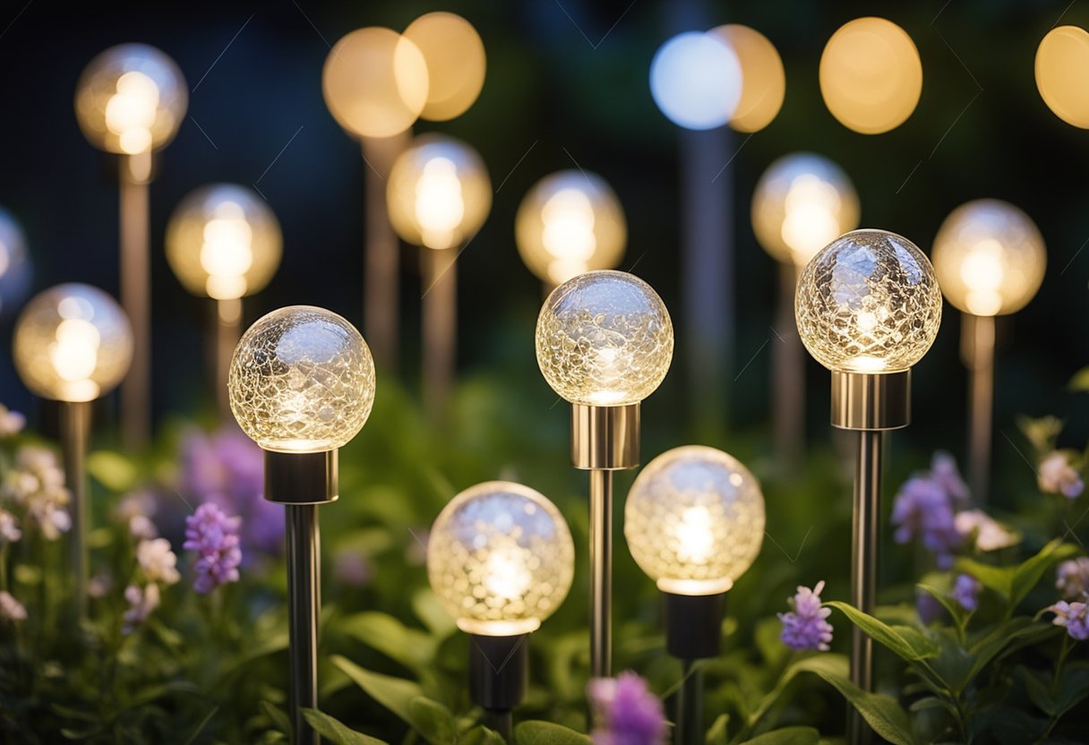 A garden at dusk, adorned with various types of decorative solar lights, casting a warm and enchanting glow throughout the space