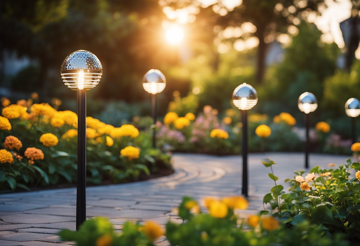 A garden with decorative solar lights placed along the walkway and around the flower beds, casting a warm glow as the sun sets