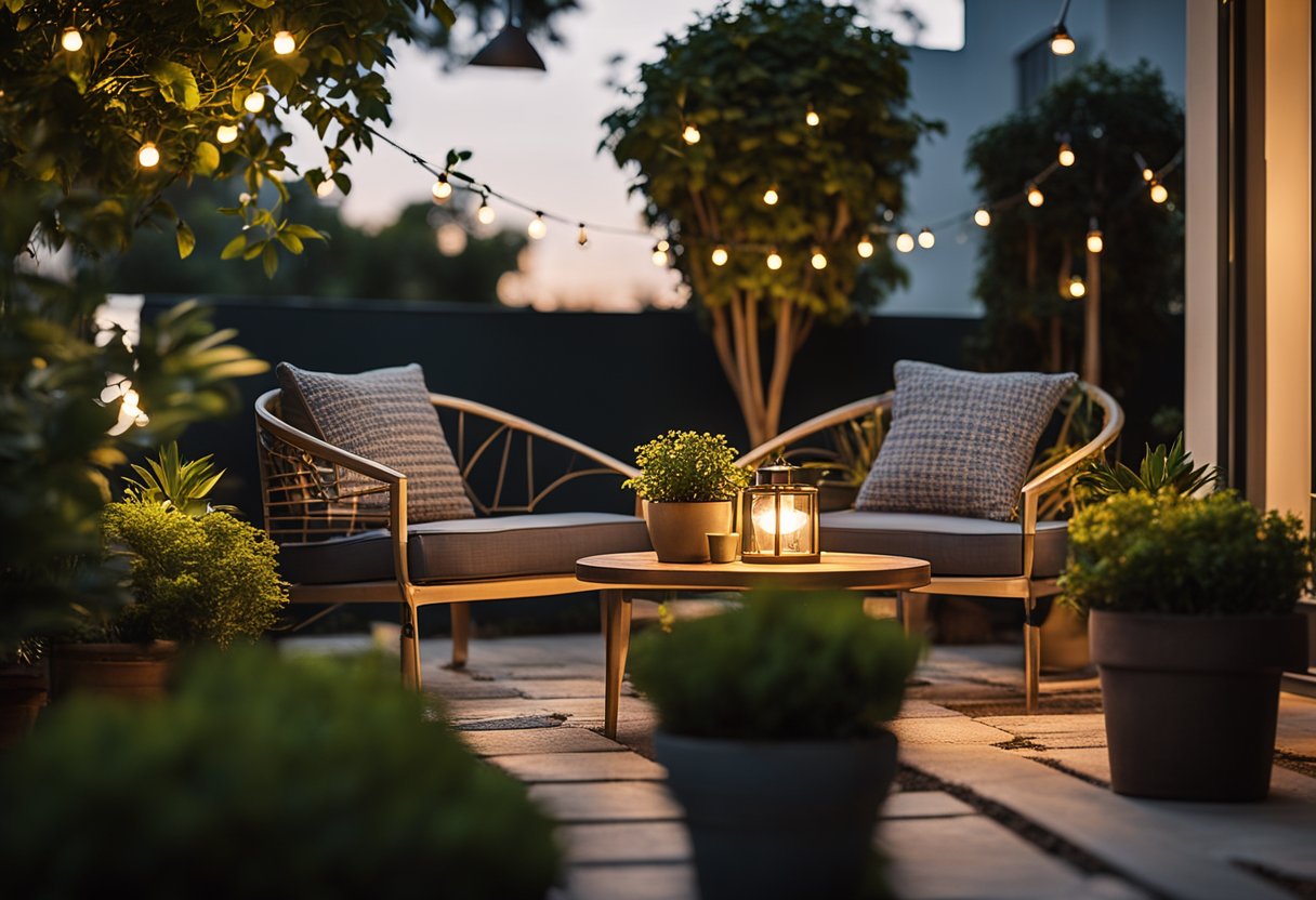 A cozy outdoor patio with decorative solar lights illuminating the space, casting a warm and inviting glow on the surrounding plants and furniture