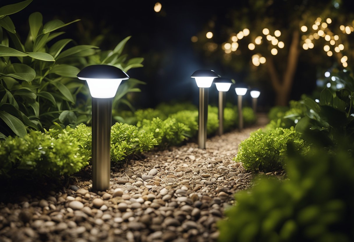 A garden with various decorative solar lights illuminating the pathway and surrounding plants on a clear night