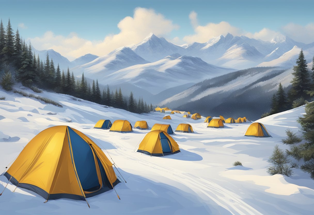 A group of tents in a snowy, mountainous landscape, with footprints leading away into the distance