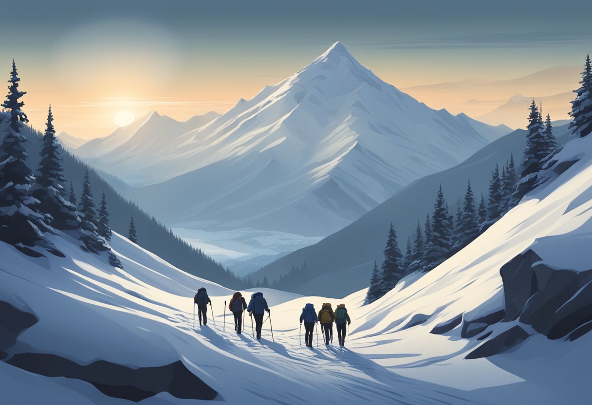 A group of hikers trek through a snow-covered mountain pass, surrounded by eerie silence and ominous shadows