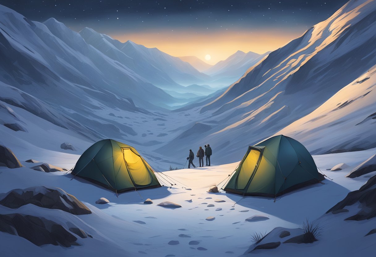 A group of hikers' abandoned tent in a snowy, desolate mountain pass at night, surrounded by eerie silence and mysterious footprints