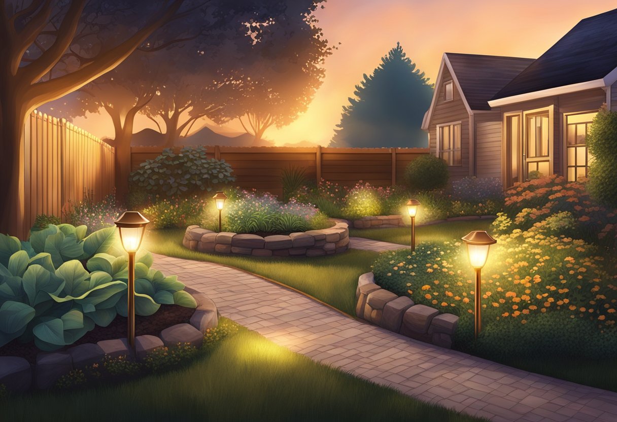 A backyard garden with solar lights installed along the pathways, illuminating the area with a soft and warm glow as the sun sets