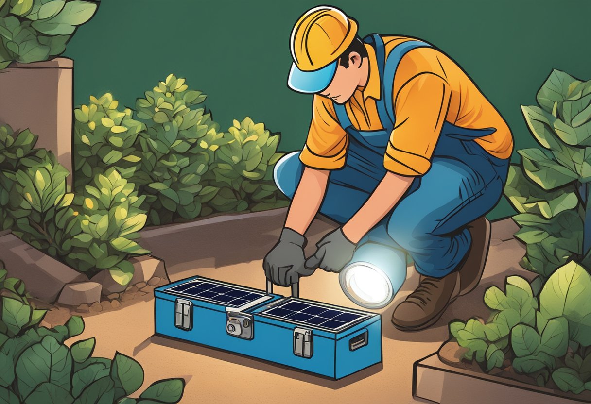 A person adjusting solar garden lights with a toolbox nearby