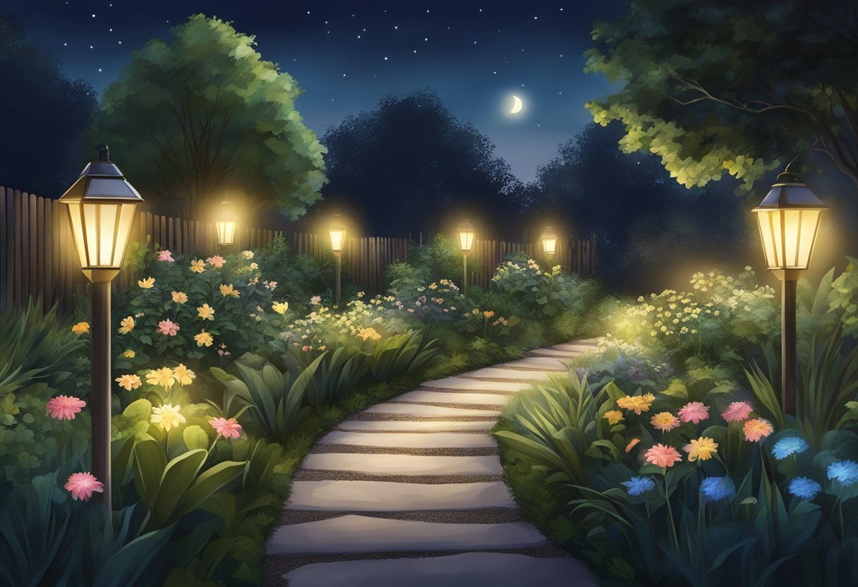 A garden at night with solar lights illuminating the pathway and surrounding plants, creating a warm and inviting atmosphere