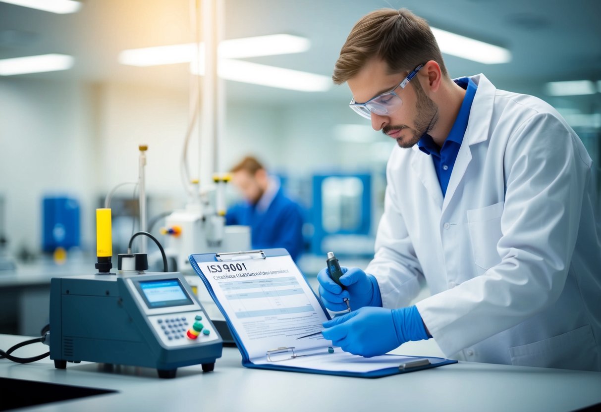 A technician calibrates equipment with ISO 9001 calibration requirements and documentation in a well-lit laboratory setting