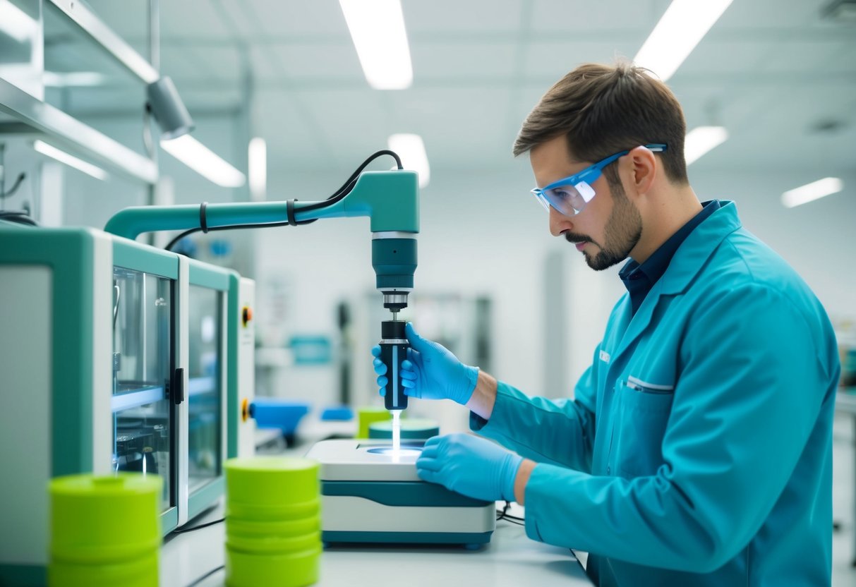 A technician calibrates equipment in a clean, well-lit lab with eco-friendly materials and energy-efficient machinery in accordance with ISO 9001 Calibration Requirements