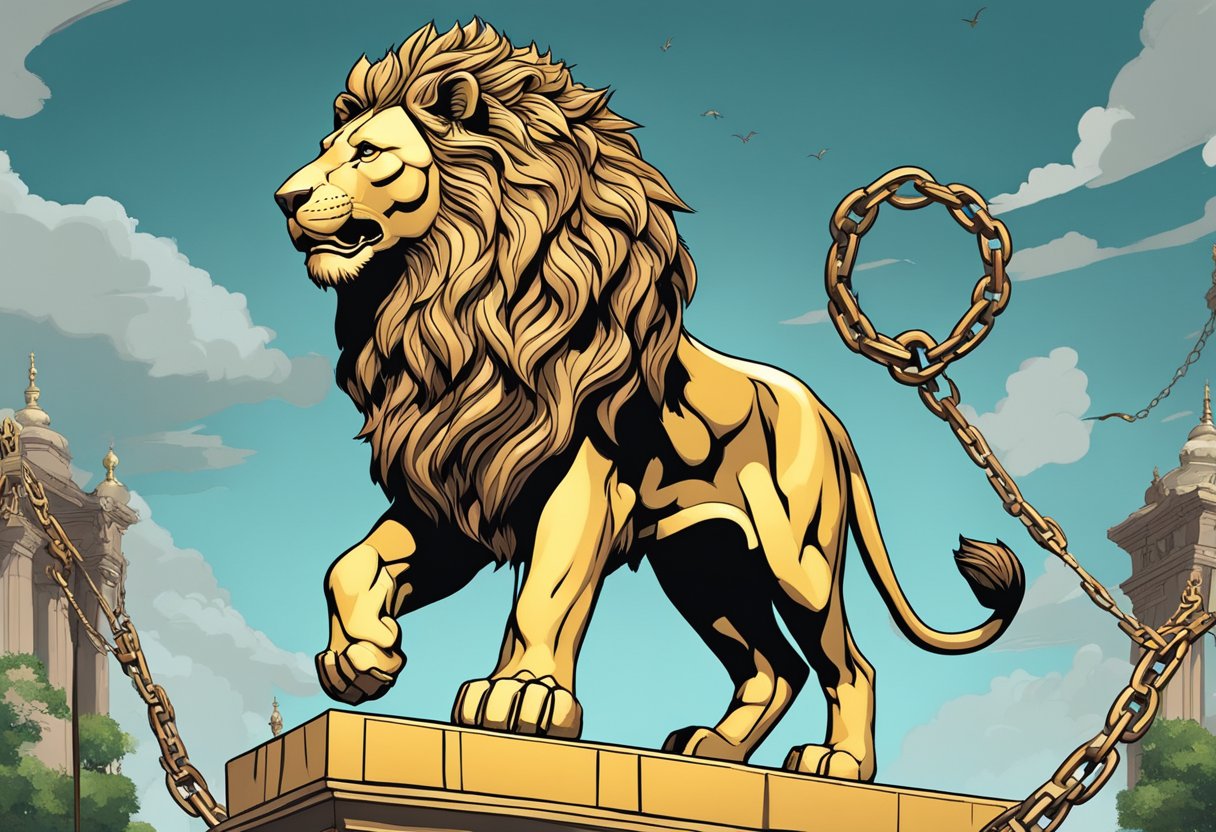 A lion statue stands tall, surrounded by broken chains and triumphant wildlife reclaiming the pride lands