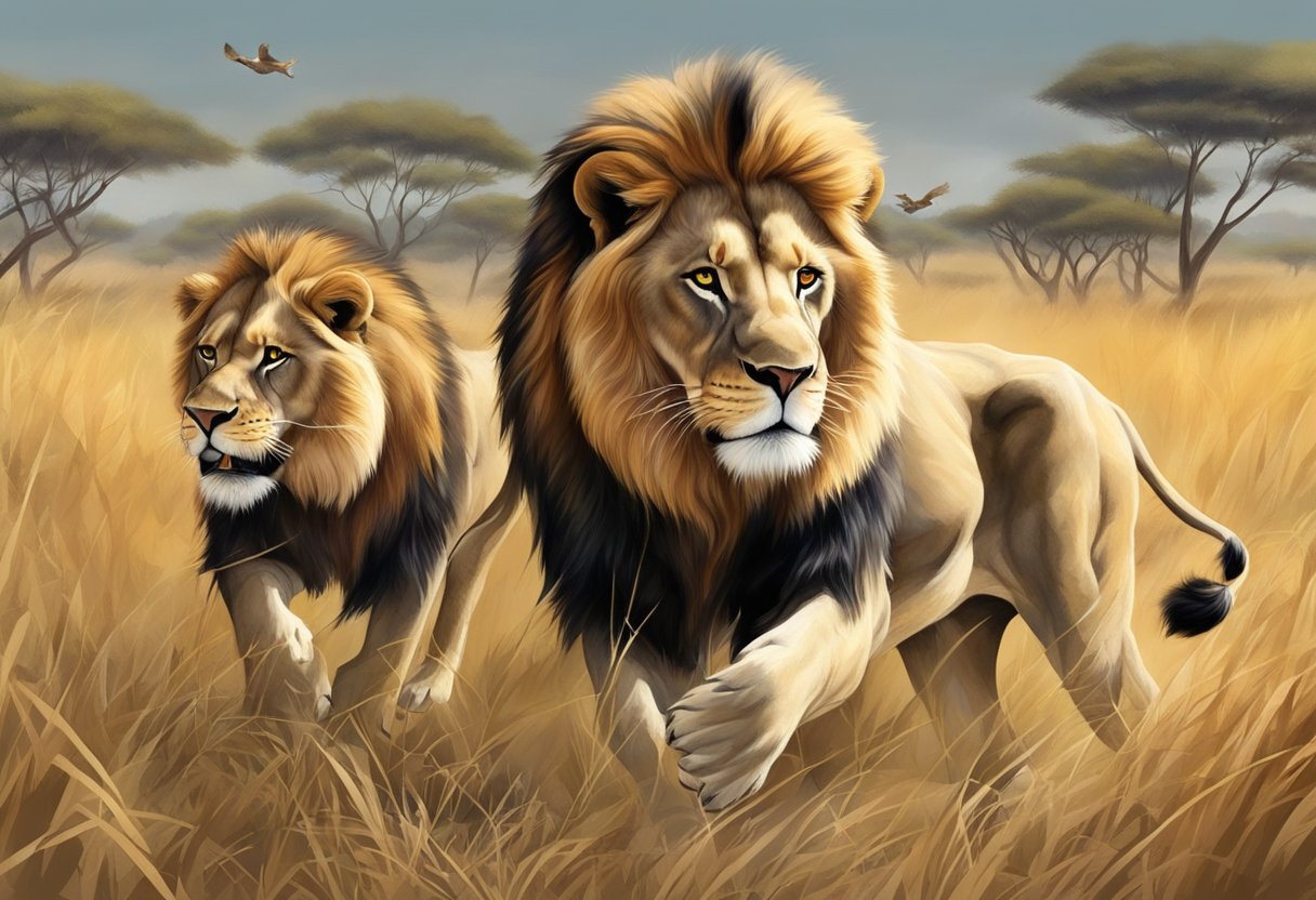 Lions hunting in the savanna, working together to take down prey