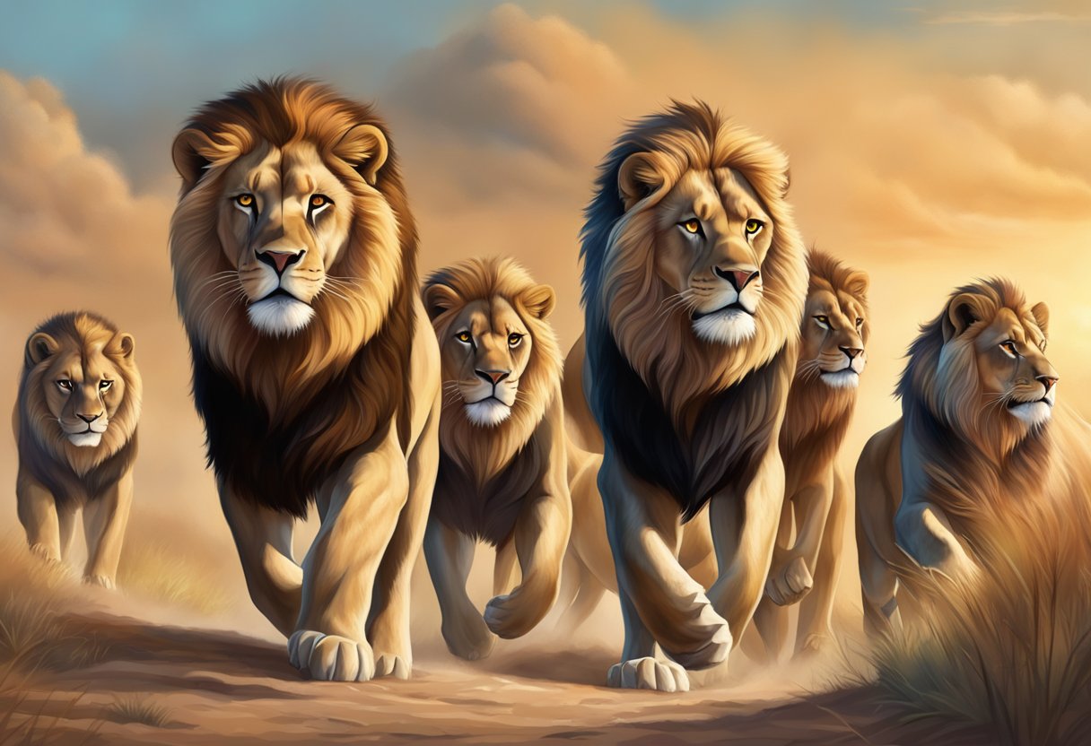 A pride of lions stands united, facing a looming threat from a rival group attempting to take over their territory