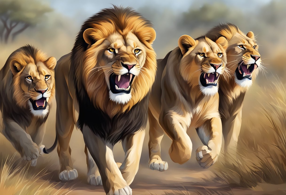 A group of lions overtaking a territory, intimidating the previous pride with aggressive body language and vocalizations