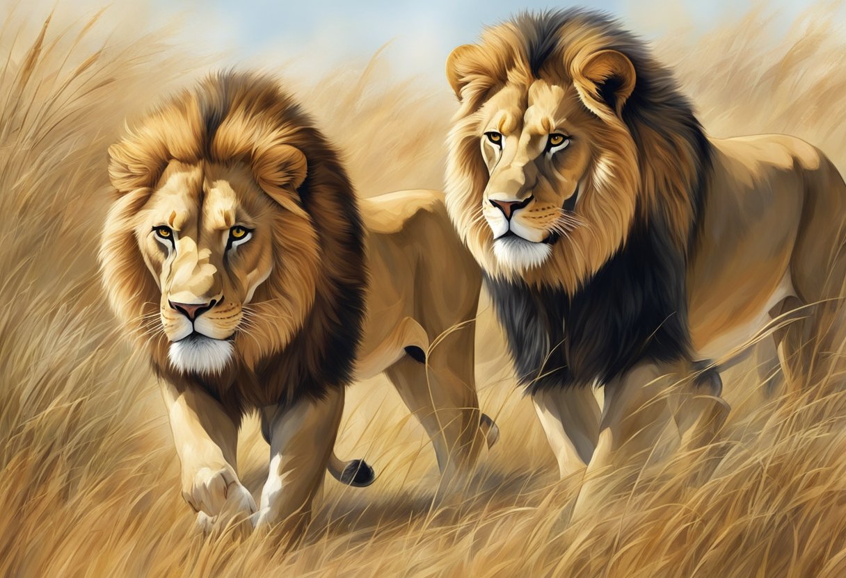 Lions in a savannah, one group overtaking another.</p><p>Dominance, aggression, and territorial behavior evident