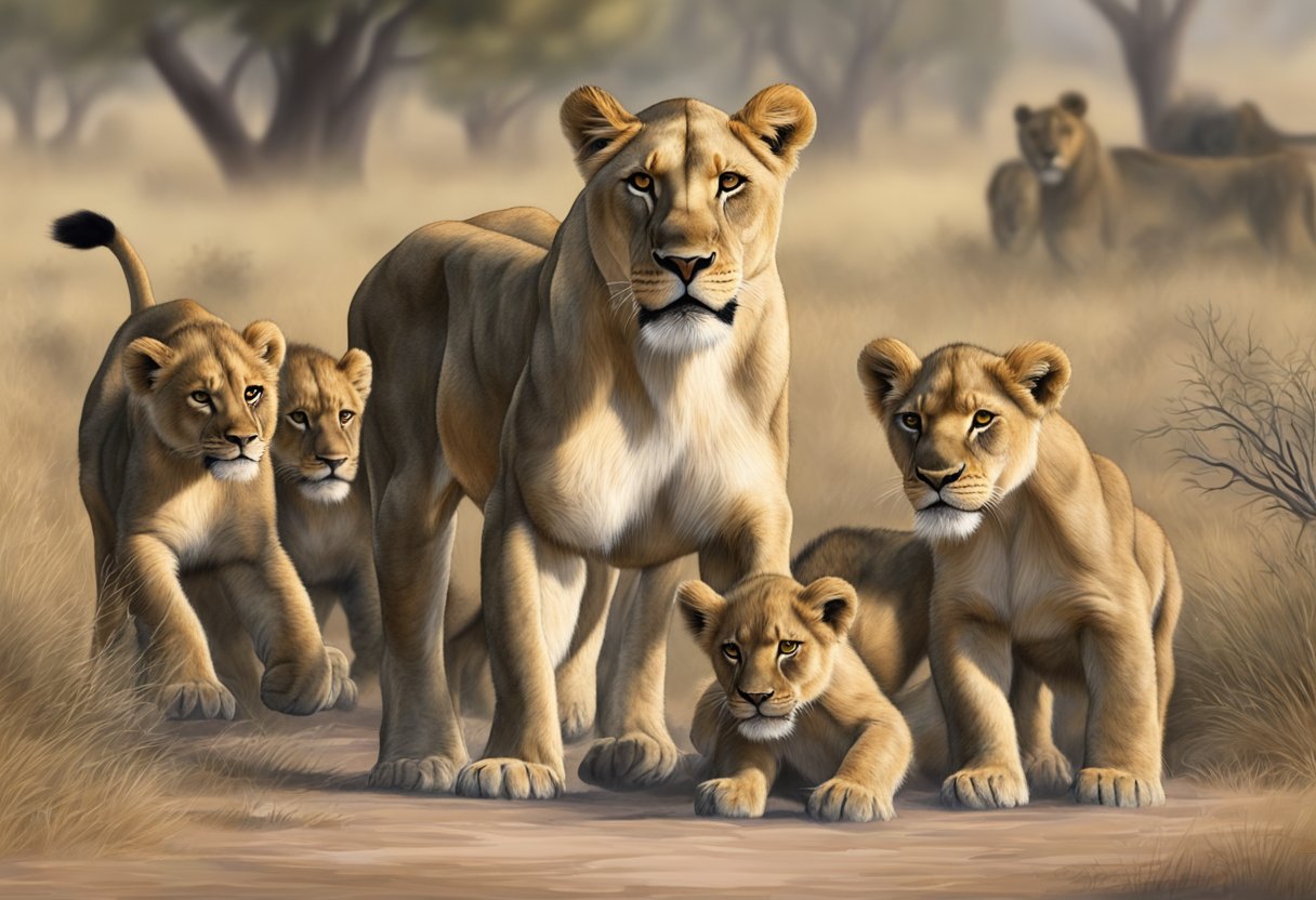 A dominant lioness stands over a group of cubs, teaching them to hunt.</p><p>Other lions watch and learn from a distance