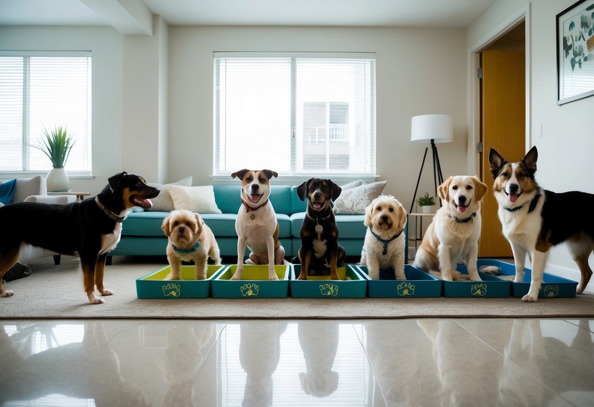 Several dogs of various sizes and breeds are seen happily coexisting in a clean and organized apartment setting. Each dog has their own designated area for eating, drinking, and grooming, with plenty of space for play and exercise