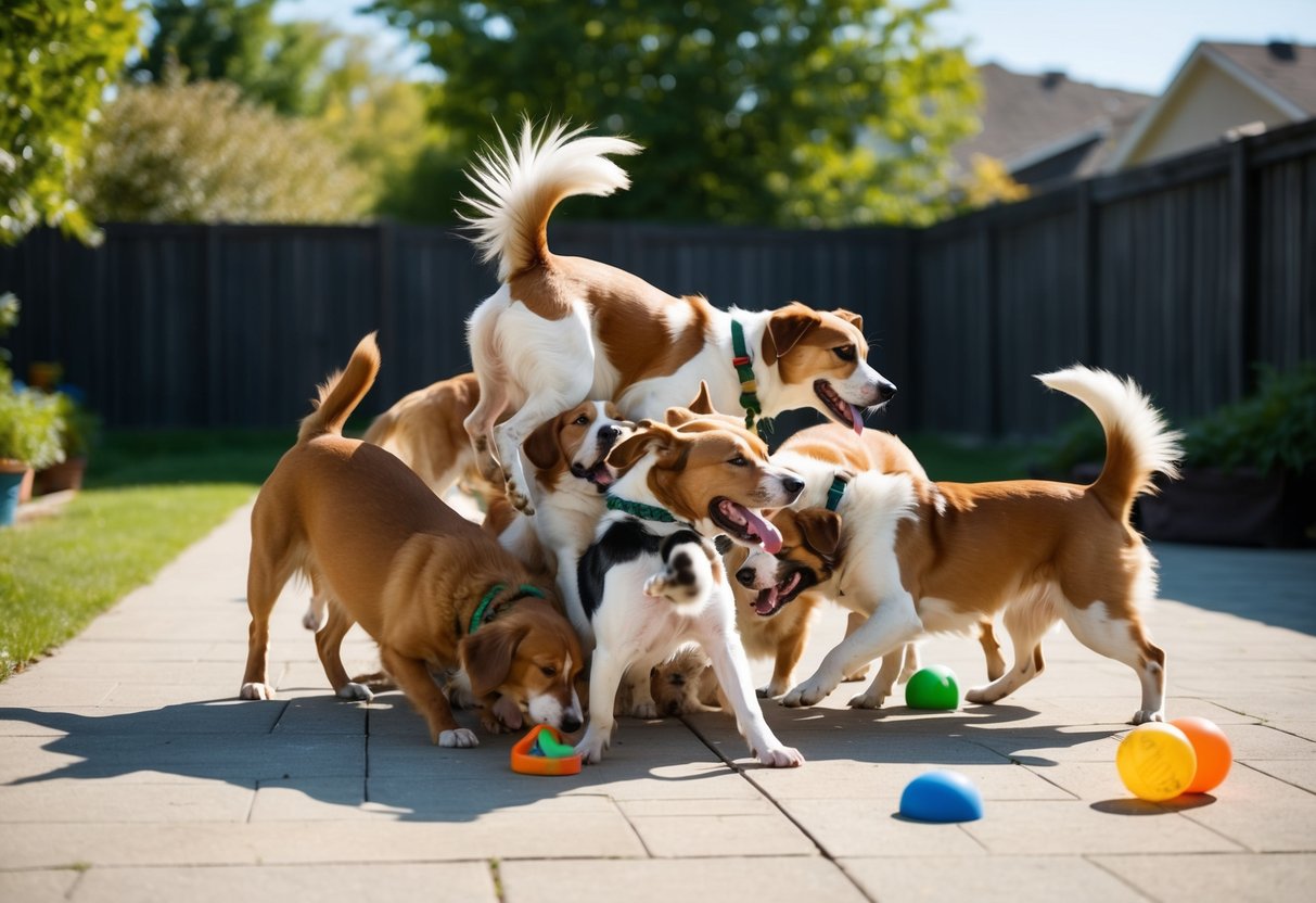 Several dogs tangled in a comical heap, chasing their tails and playing with toys in a sunny backyard