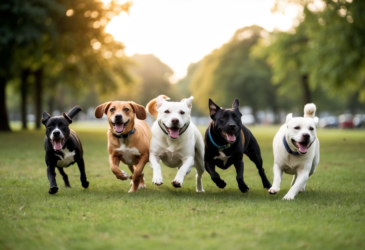 Several dogs of different breeds playfully interact in a park, chasing each other, rolling around, and wagging their tails