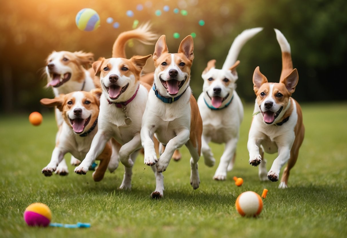 Several dogs playfully romp together, chasing after toys and engaging in lighthearted antics, creating a joyful and entertaining scene for an illustrator to recreate