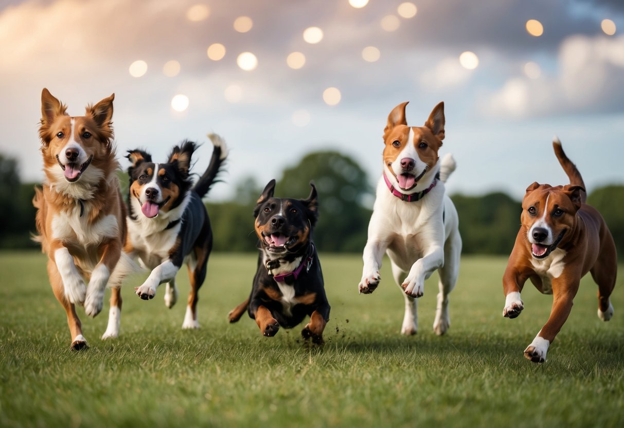 Several dogs of different breeds engage in playful antics, such as chasing each other, jumping, and rolling around in a lighthearted and comical manner