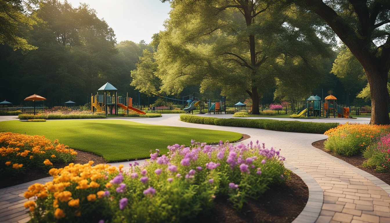 A serene park with a playground, picnic area, and walking trails surrounded by tall trees and colorful flowers