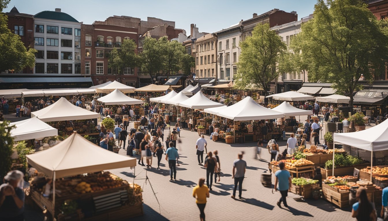 A bustling town square with a farmers market, live music, and families enjoying outdoor activities