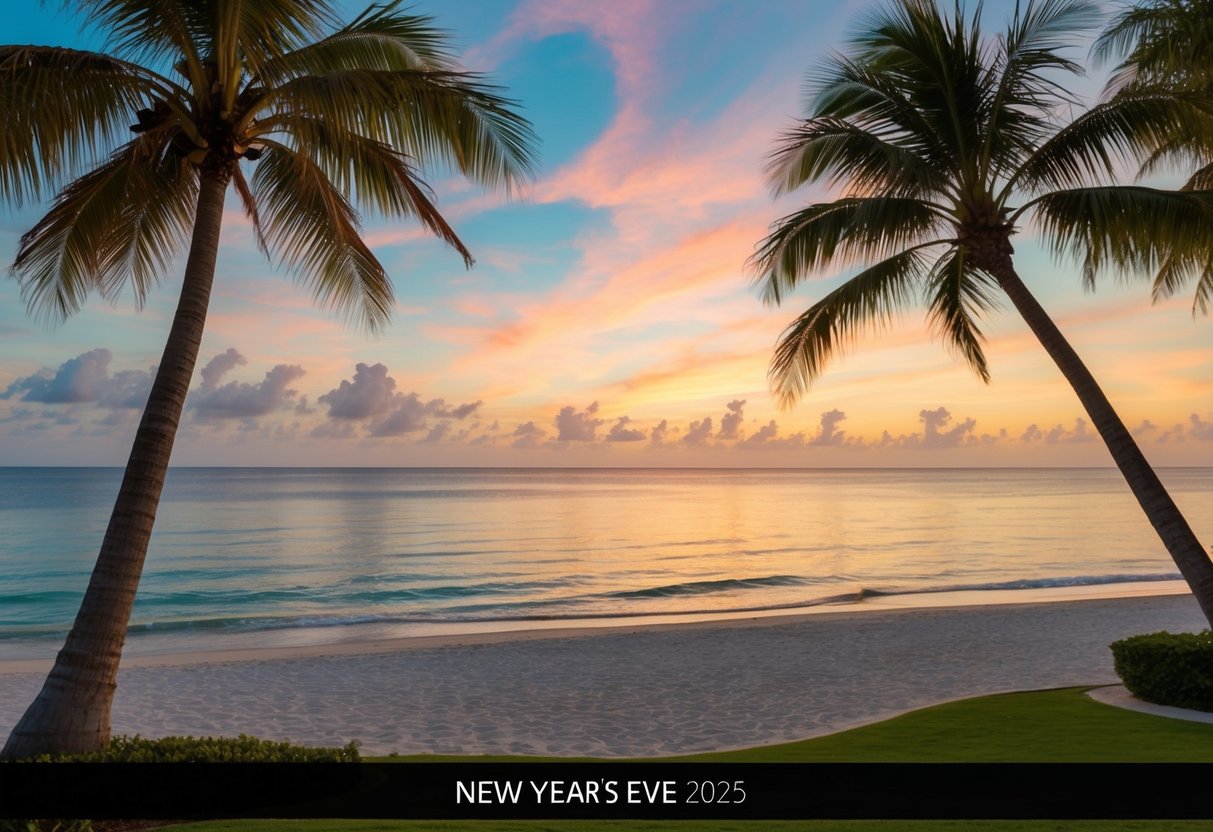 Una spiaggia tropicale al tramonto della vigilia di Capodanno 2025. Palme, un oceano calmo e un cielo colorato creano un'atmosfera calda e accogliente.